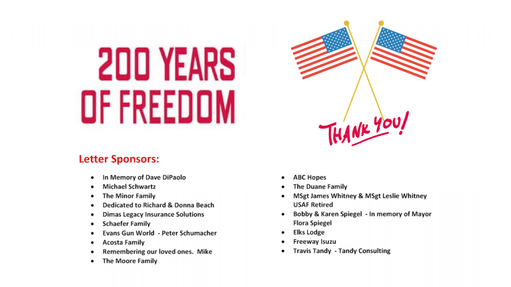 sponsors of '200 YEARS OF FREEDOM' for restoration of Prado Dam Mural in 2023