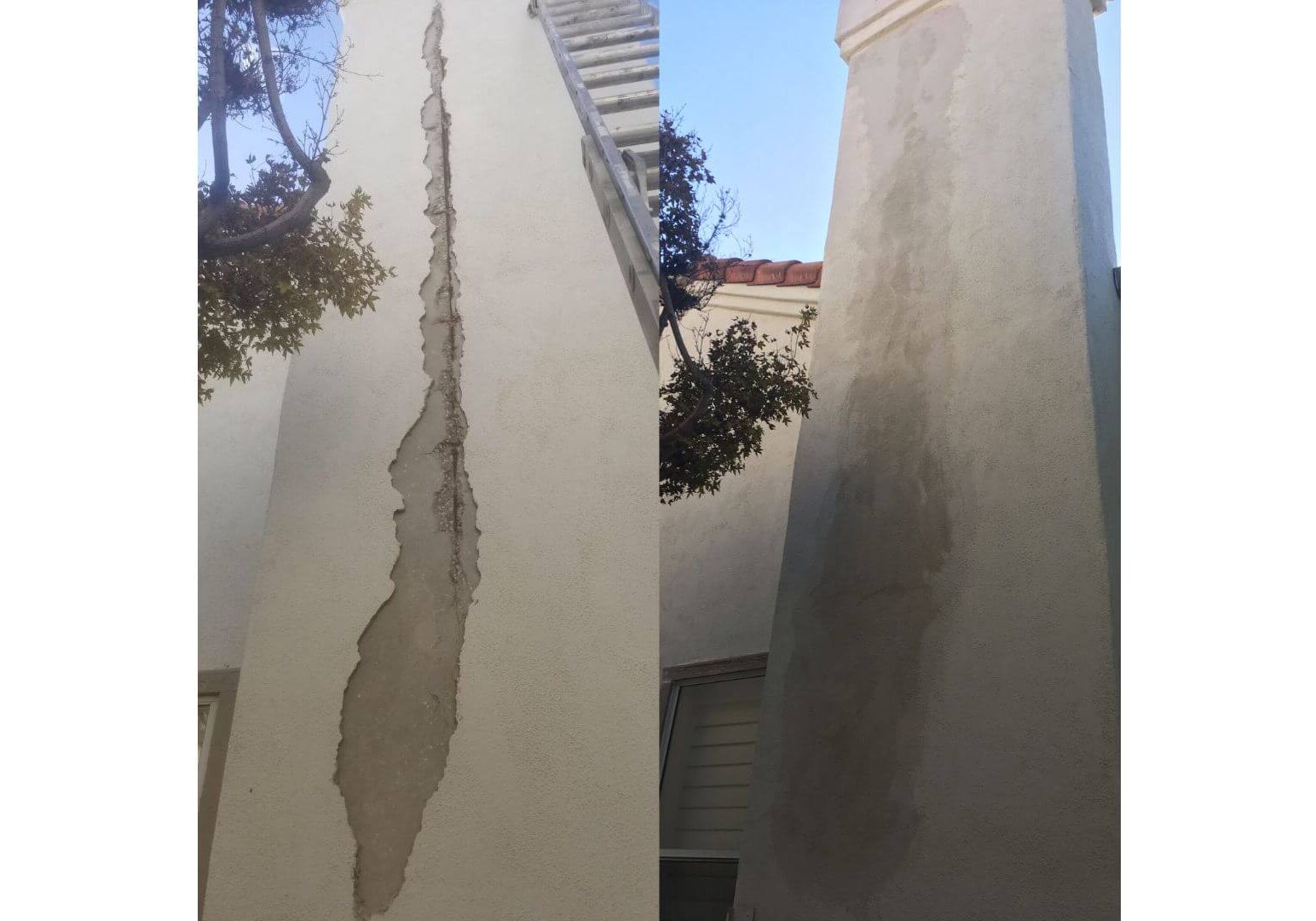 Full exterior painting applied to 2 story house in Irvine. This image highlights the repair work done along the chimney of this Westpark home.