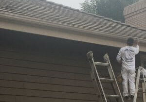 Wood siding on home with One Way Painting's house painter on a ladder placed on the deck of the house.