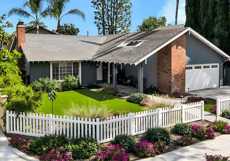 Another angle of a Tustin Meadows home showcasing the detailed exterior painting work by One Way Painting, with gray stucco and white trim.